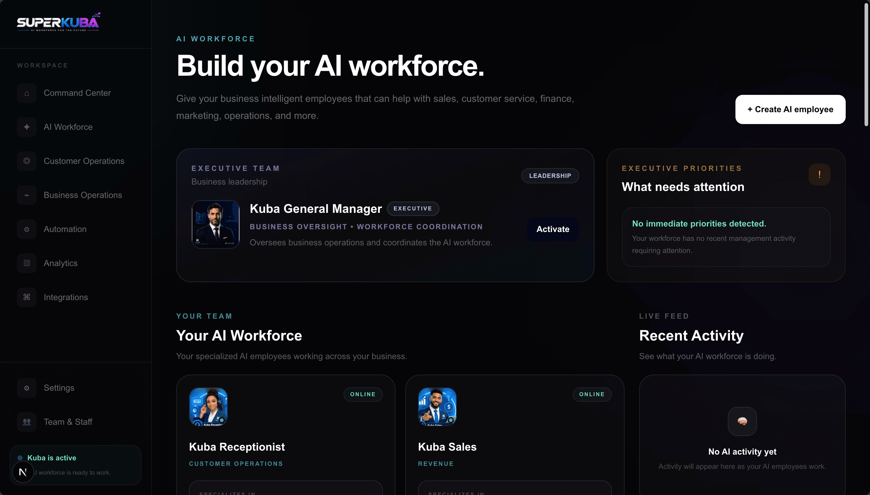 SuperKuba AI Workforce management workspace