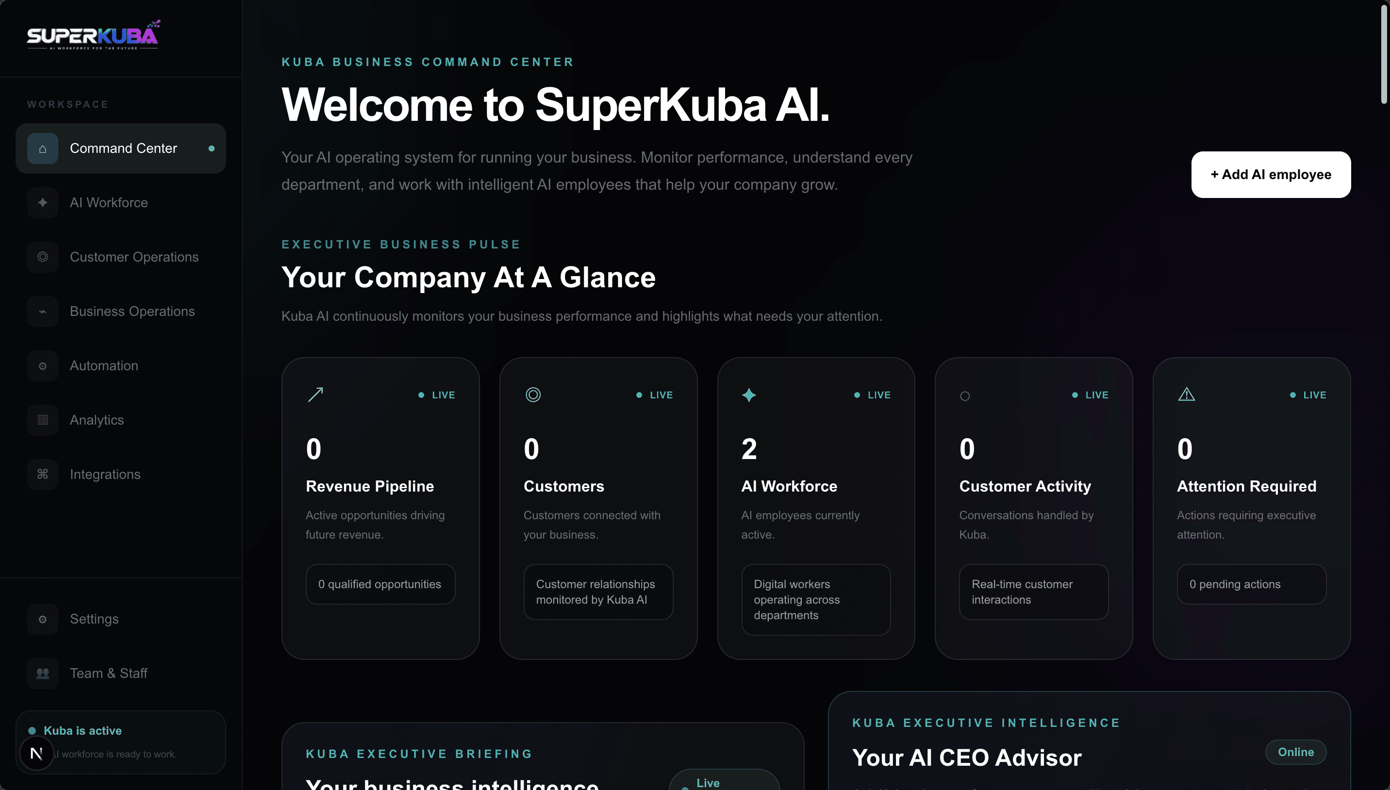 SuperKuba AI business command center dashboard